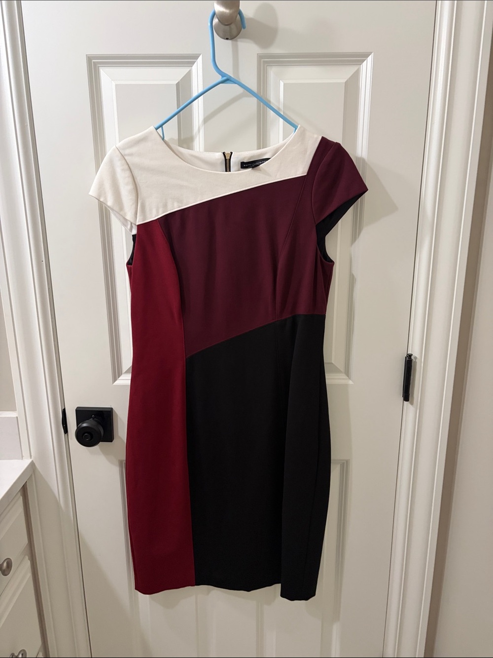 White House Black Market Burgundy, Black & Ivory Colorblock Midi Dress